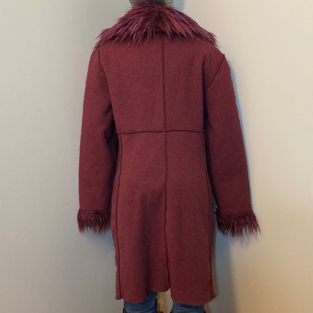Long Reversible Teddy Coat in Burgundy with Faux Fur Trim - Picture 8 of 14